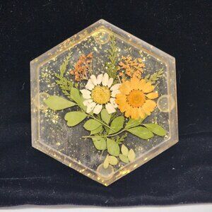 Hexagon Resin Coaster With Pressed Flowers & Gold Foil Flakes 4"